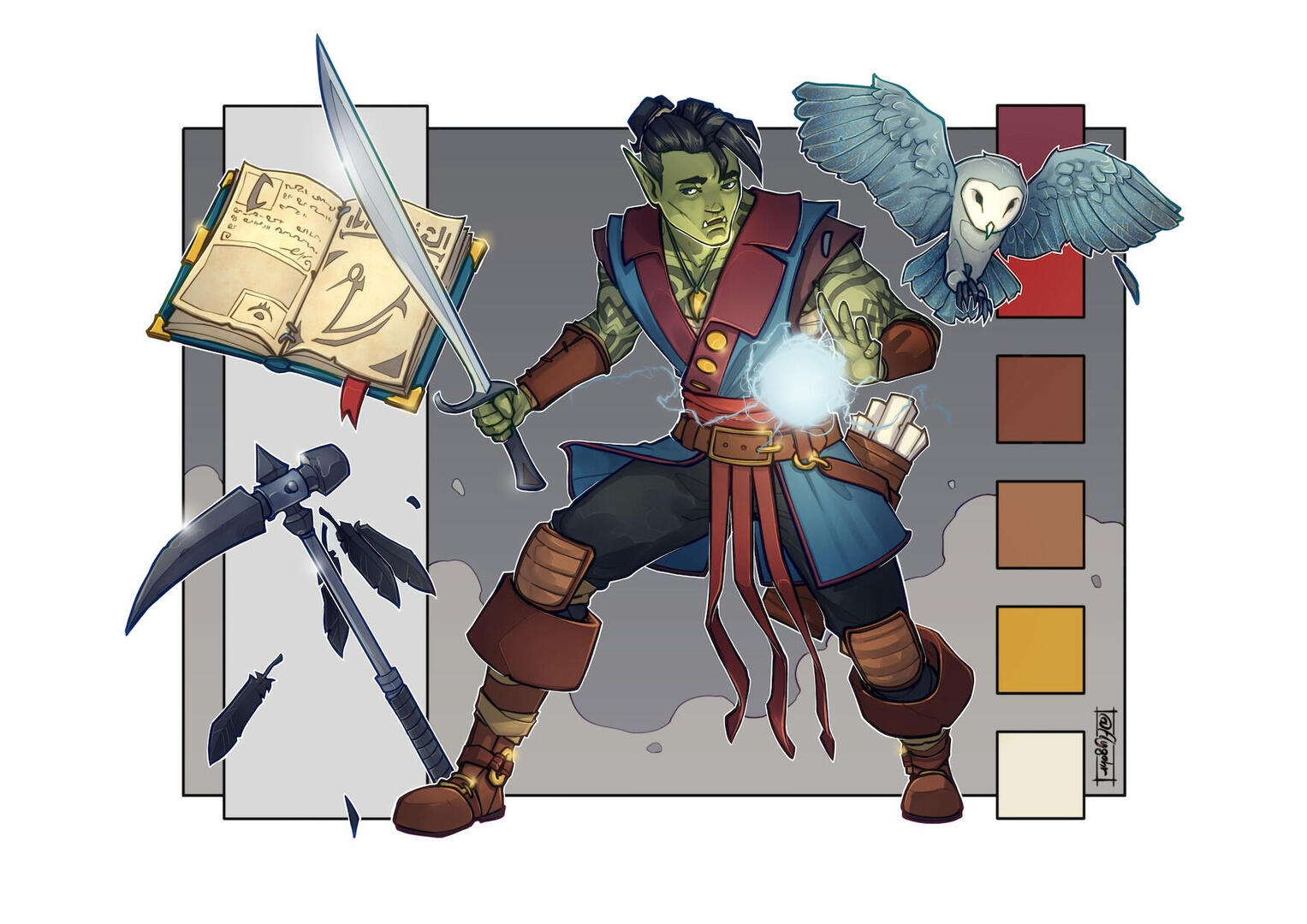 Khelben, half-orc bladesinger wizard character reference sheet