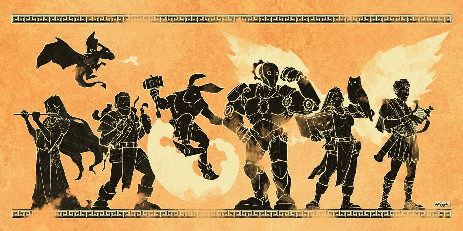 Odyssey of the Dragonlords, group portrait in an ancient Greek urn style