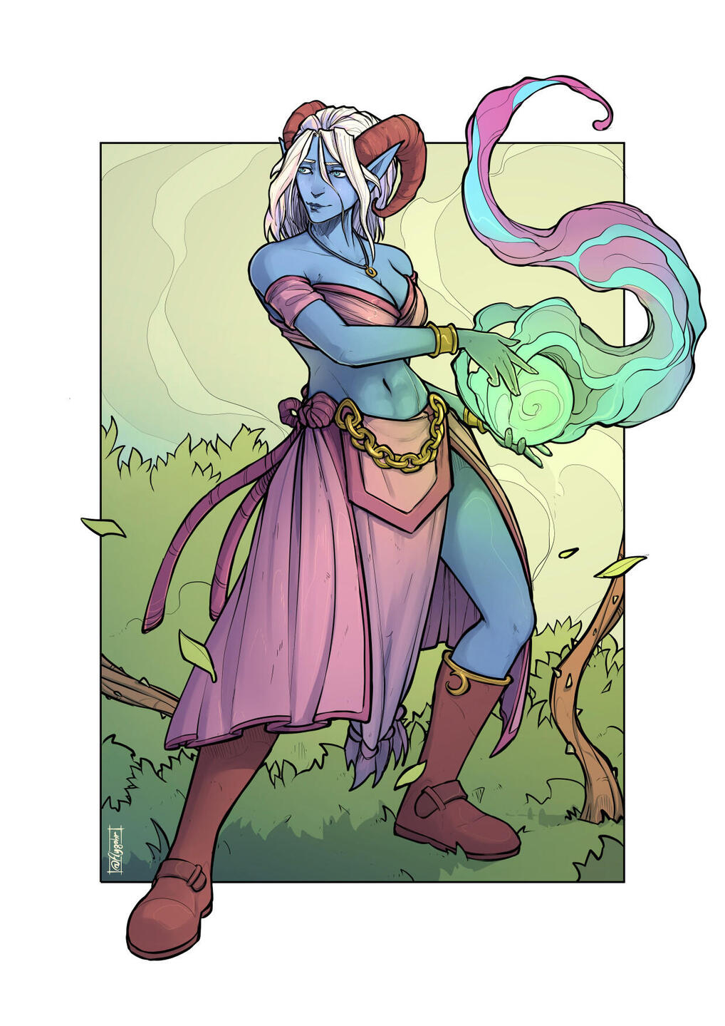 Xenya, divine soul tiefling sorceress full-body portrait